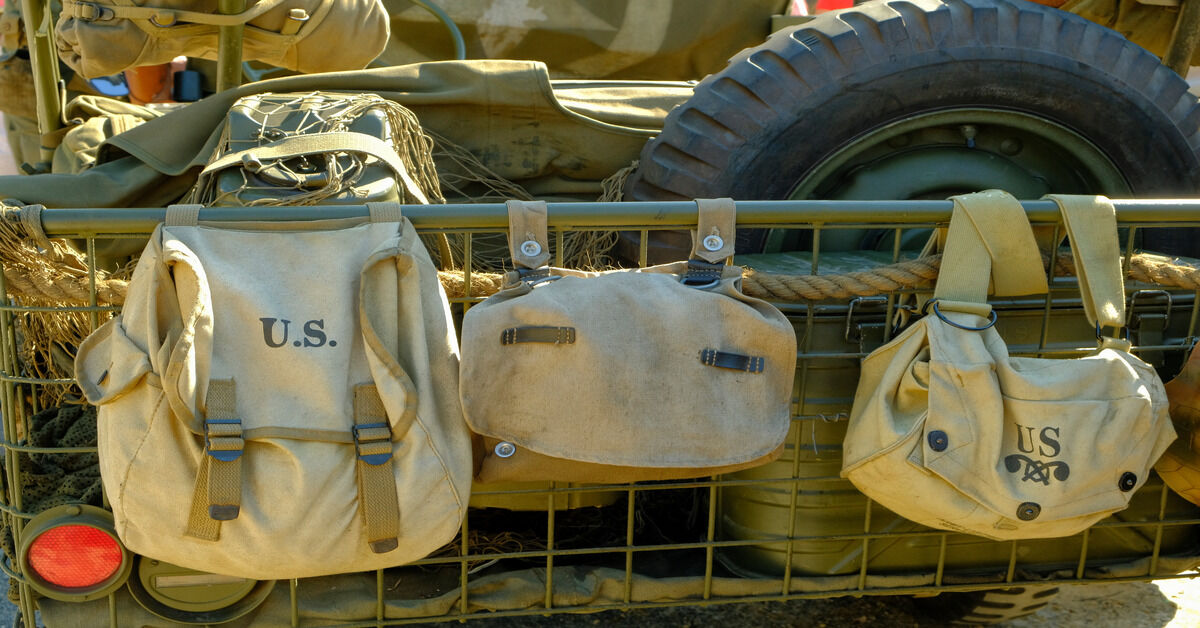 A collection of gear on a wooden background. There's a camera, knife, lantern, boots, a flask, and other various items.